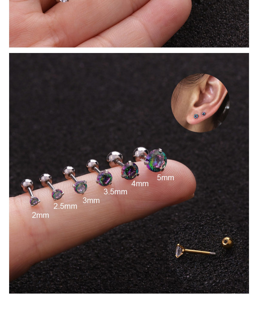 Fashion Black-black (2mm) 3-claw Stainless Steel Screw Inlaid Zircon Geometric Earrings (1 Price),Earrings
