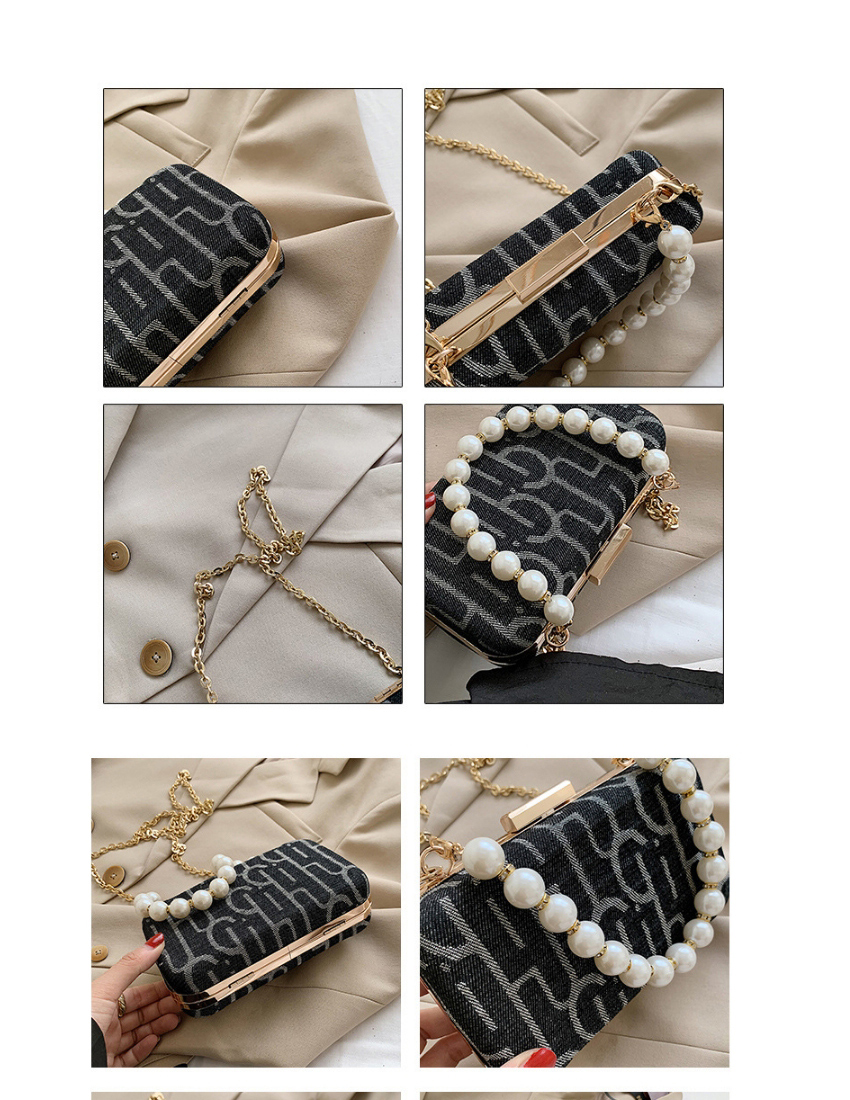 Fashion Black Printed Pearl Chain Diagonal Shoulder Bag,Messenger bags