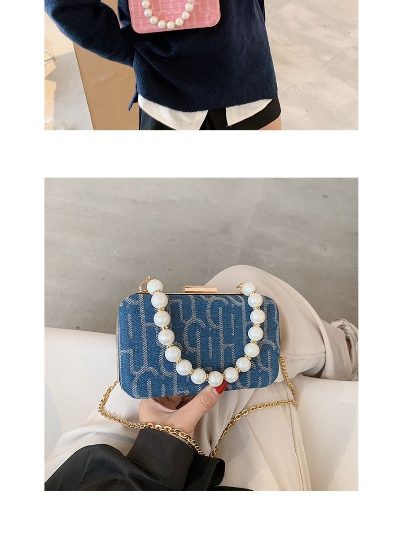 Fashion Blue Printed Pearl Chain Diagonal Shoulder Bag,Messenger bags