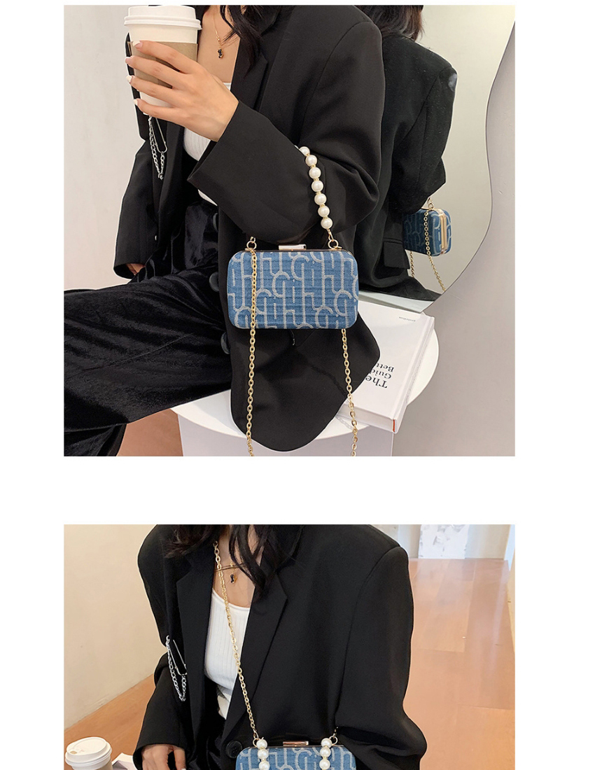 Fashion Blue Printed Pearl Chain Diagonal Shoulder Bag,Messenger bags