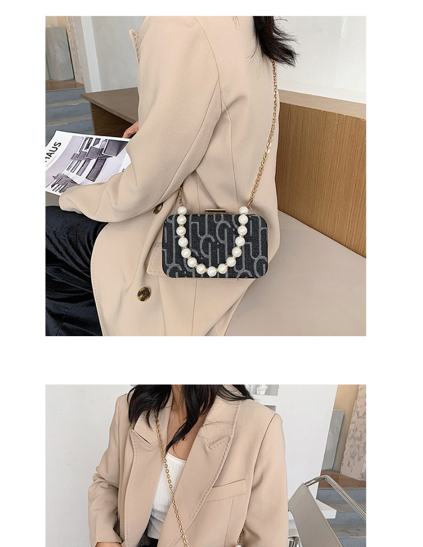 Fashion Black Printed Pearl Chain Diagonal Shoulder Bag,Messenger bags