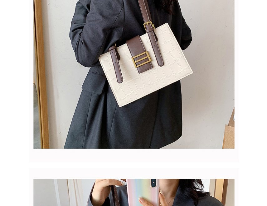Fashion Black Contrast Stone Pattern Lock Diagonal Shoulder Bag,Messenger bags