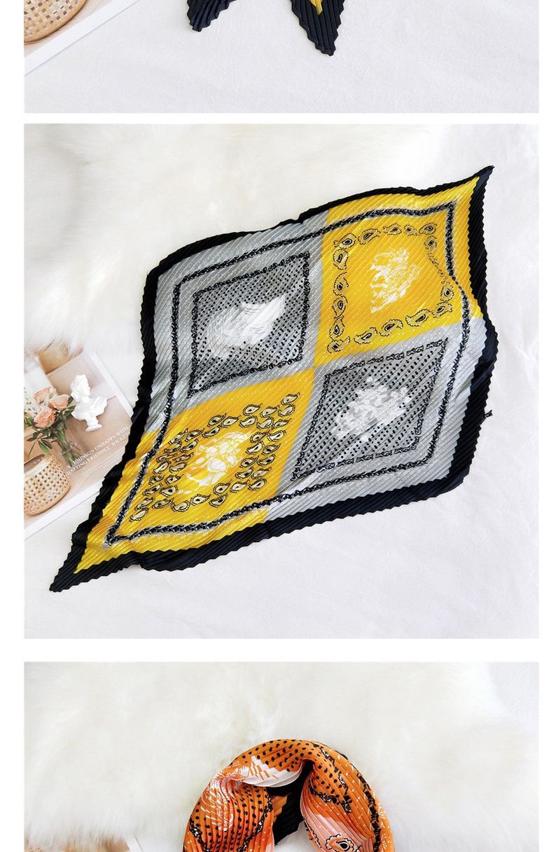 Fashion Wrinkled Small Dot Frame Yellow Border Pleated Cashew Print Silk-like Geometric Small Square Scarf,Thin Scaves