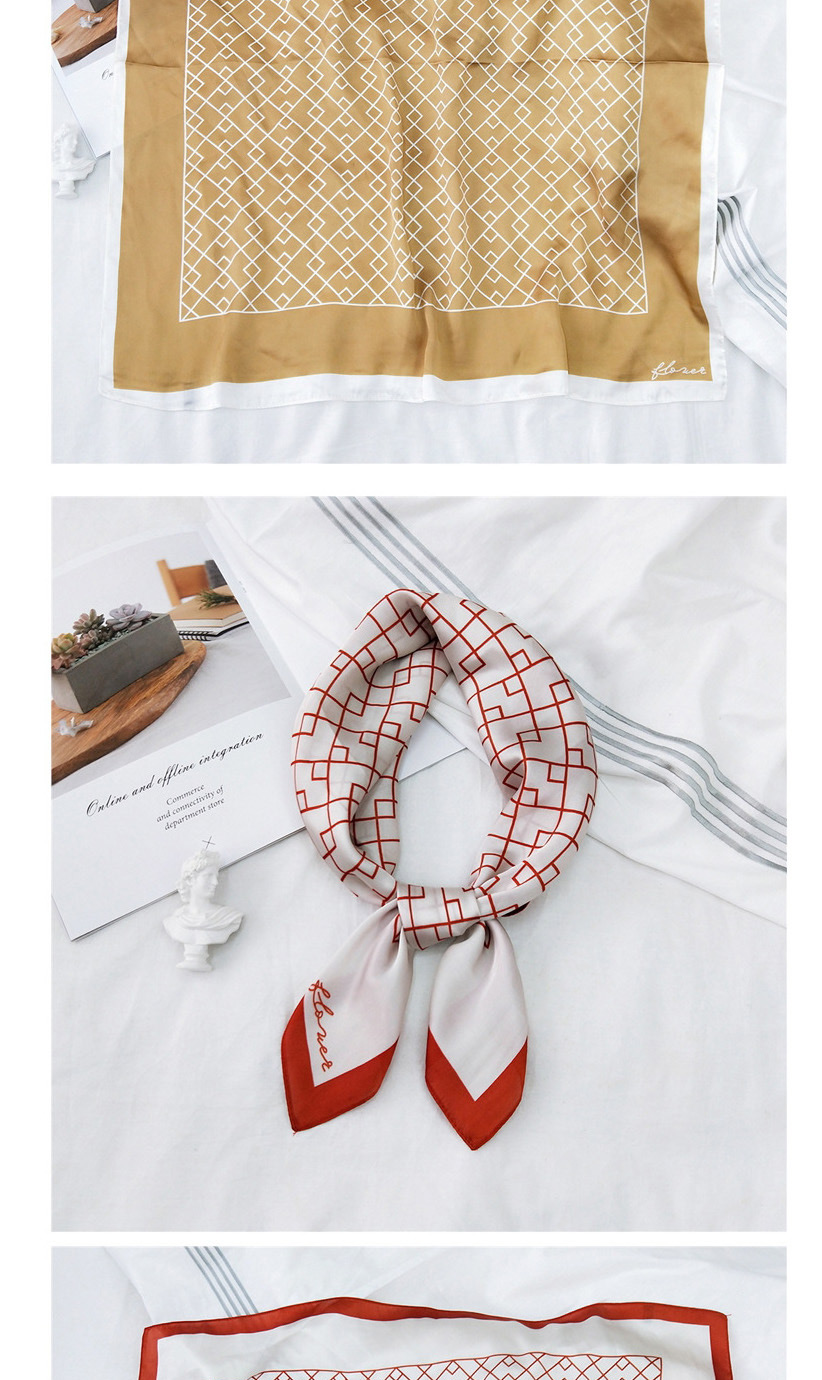 Fashion Steel Ring Leather Chain Red Striped Silk Imitation Printing Geometric Small Square Scarf,Thin Scaves