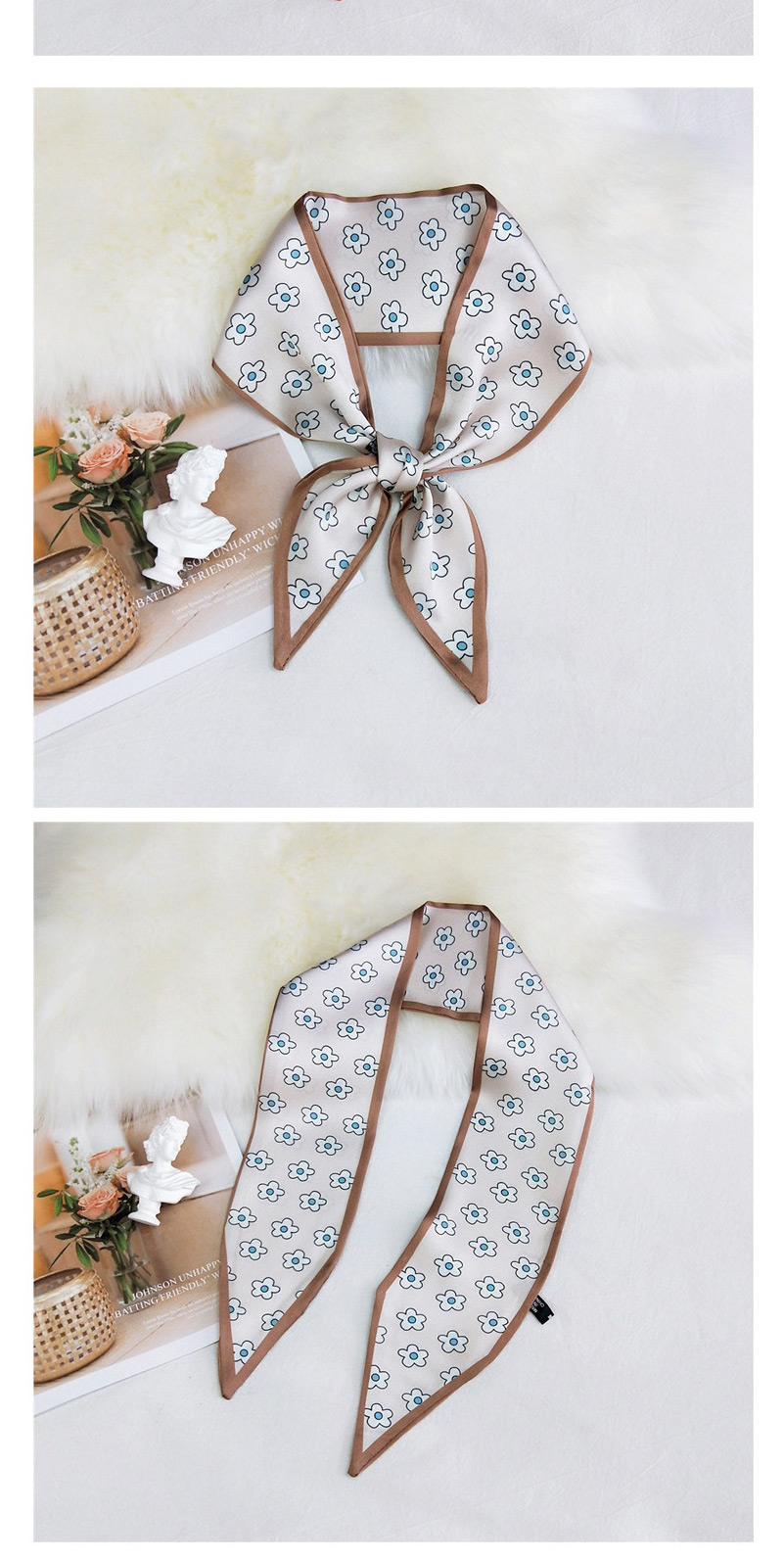 Fashion Five Petal Flower Blue Double-sided Sharp Corners Narrow Strip Printing Small Scarf,Thin Scaves