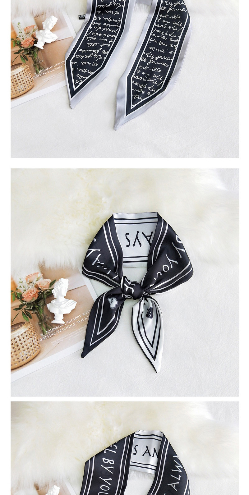 Fashion Forest Bird Black Double-sided Sharp Corners Narrow Strip Printing Small Scarf,Thin Scaves