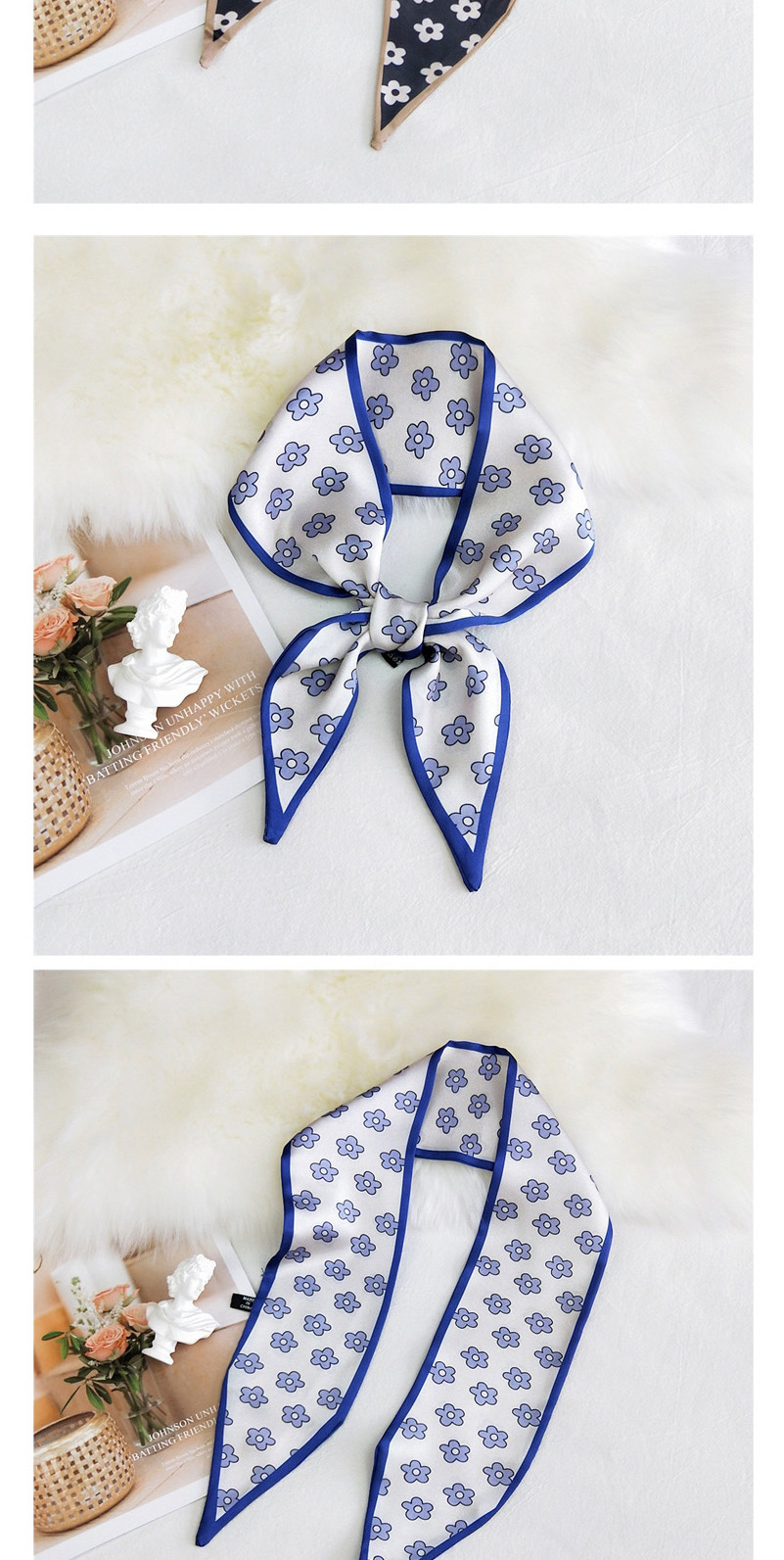 Fashion Smile Blue Double-sided Sharp Corners Narrow Strip Printing Small Scarf,Thin Scaves
