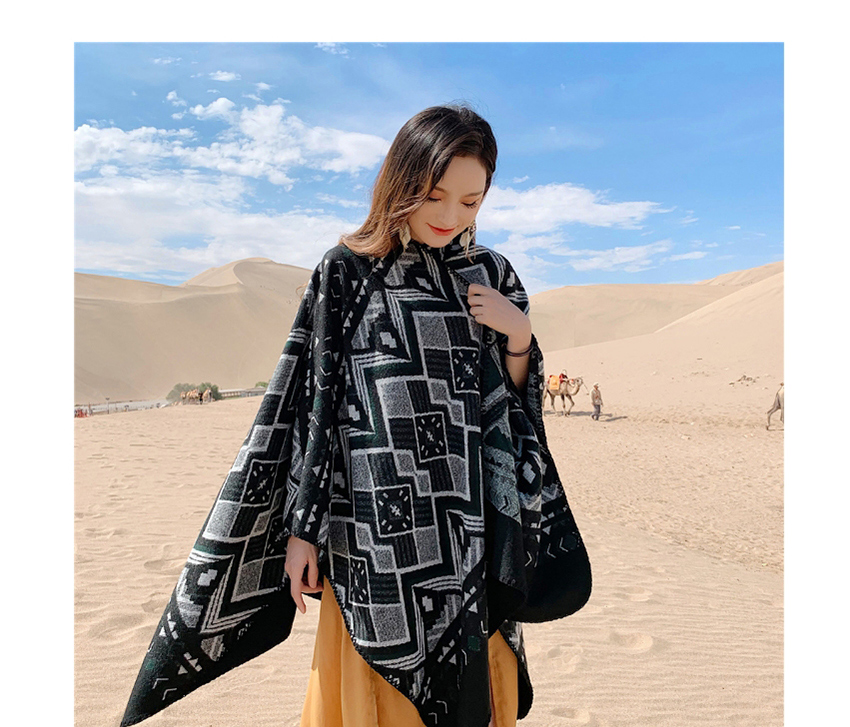 Fashion Dark Gray Thickened Cashmere-like Geometric Shawl Cloak Dual-use,knitting Wool Scaves