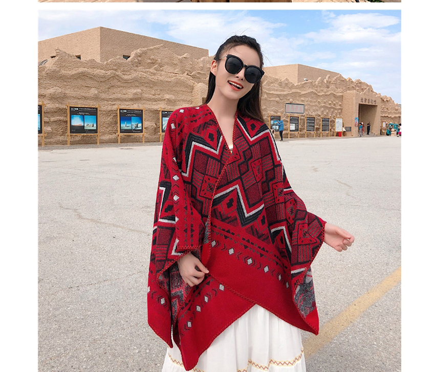 Fashion Wine Red Thickened Cashmere-like Geometric Shawl Cloak Dual-use,knitting Wool Scaves