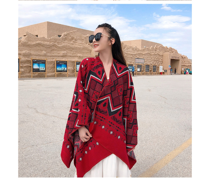 Fashion Wine Red Thickened Cashmere-like Geometric Shawl Cloak Dual-use,knitting Wool Scaves