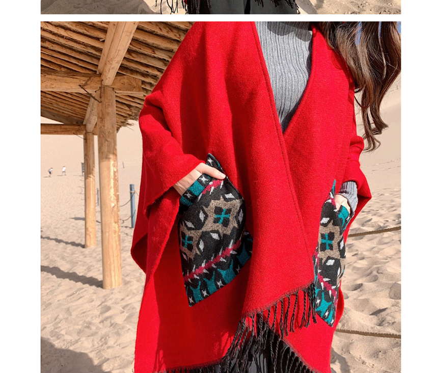 Fashion Wine Red Imitation Cashmere Split Fringe Stitching Shawl,knitting Wool Scaves