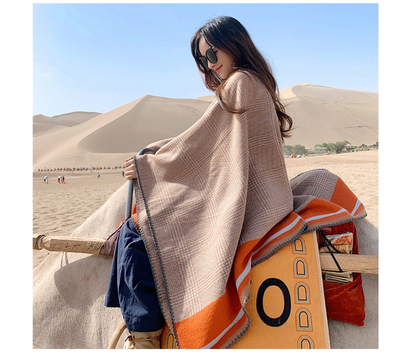 Fashion Orange Edge Split Check Thick Warm Imitation Cashmere Cloak Shawl,knitting Wool Scaves