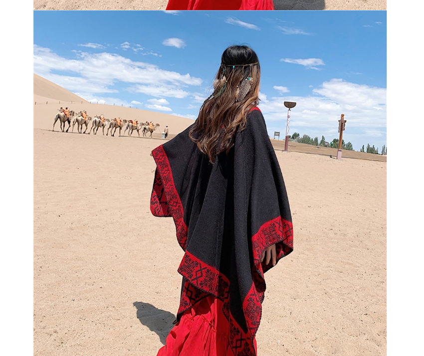 Fashion Red Wine Cashmere Padded Jacquard Cloak Coat,knitting Wool Scaves