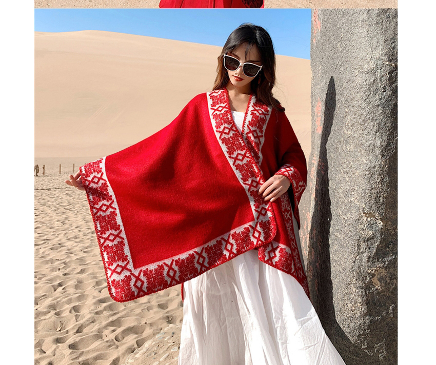 Fashion Red Wine Cashmere Padded Jacquard Cloak Coat,knitting Wool Scaves