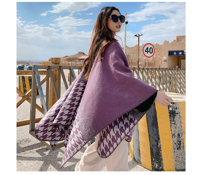 Fashion Taro Purple Houndstooth Warm Thick Knitted Cashmere Split Shawl,knitting Wool Scaves