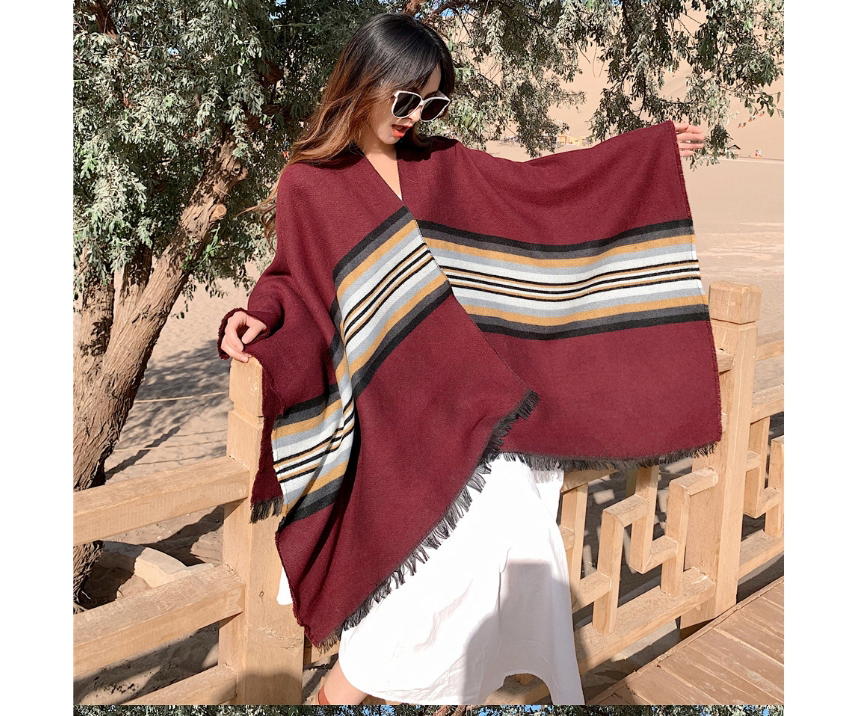 Fashion Wine Red Imitation Cashmere Striped Fringed Thick Shawl,knitting Wool Scaves