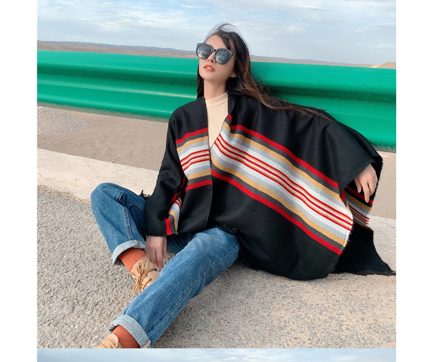 Fashion Black Faux Cashmere Striped Tassel Thicken Shawl,knitting Wool Scaves