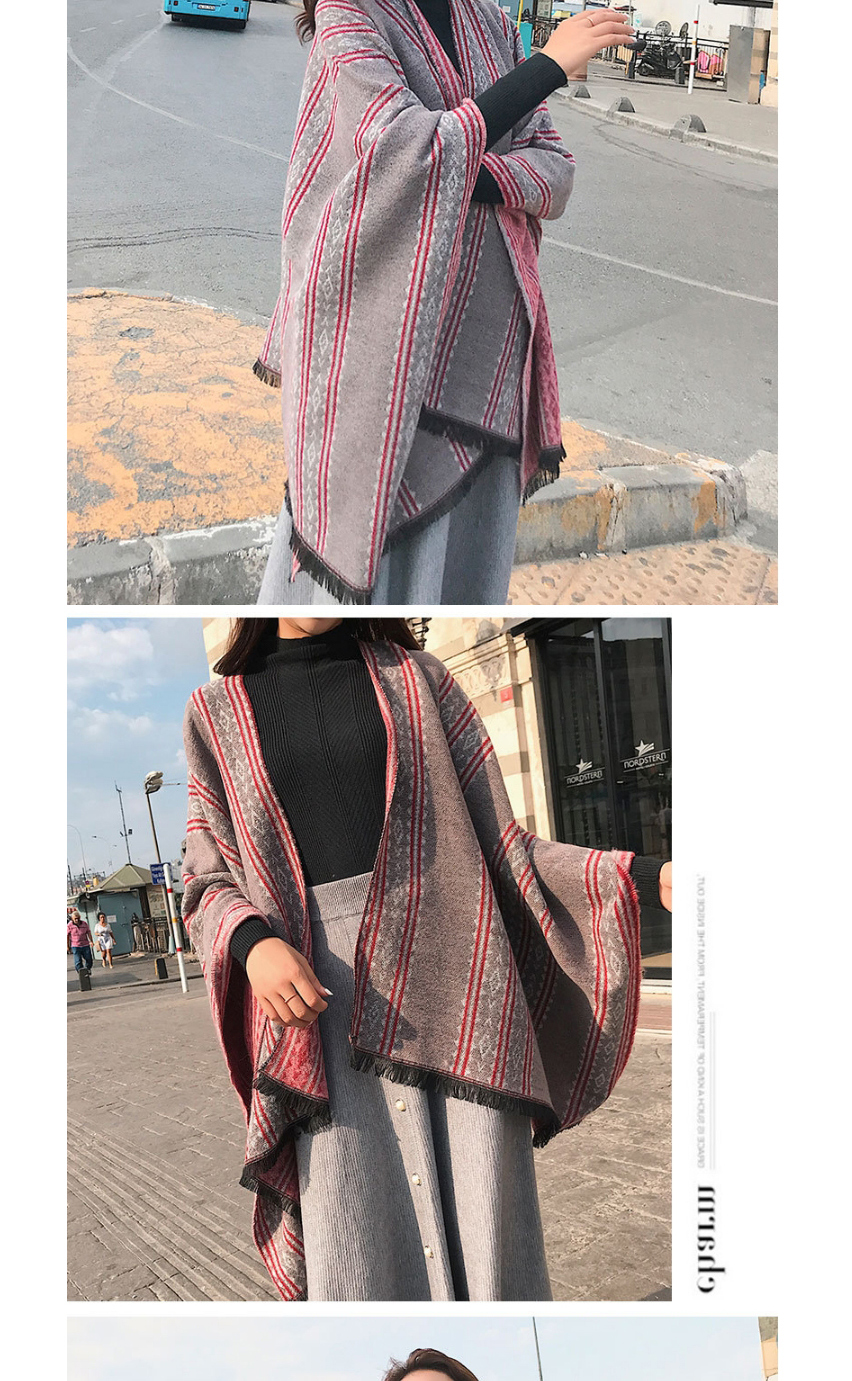 Fashion Gray Faux Cashmere Slit Striped Shawl,knitting Wool Scaves