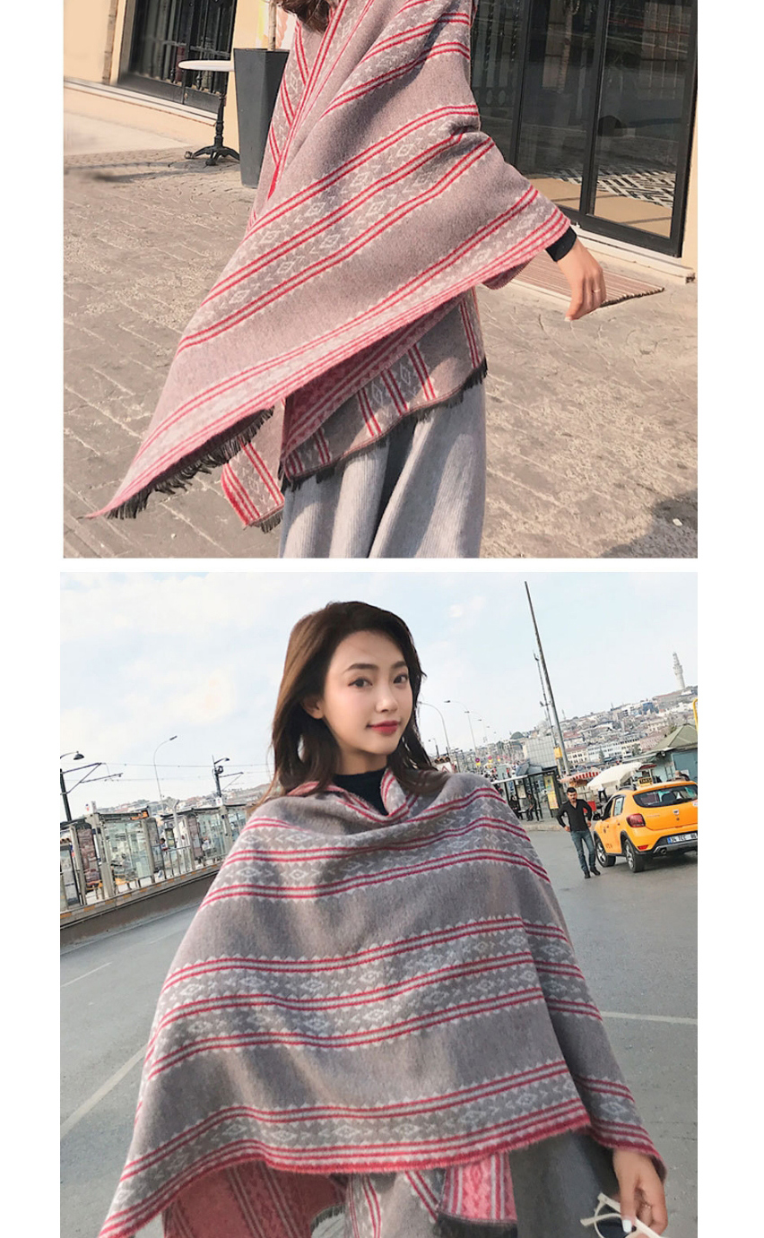 Fashion Gray Faux Cashmere Slit Striped Shawl,knitting Wool Scaves