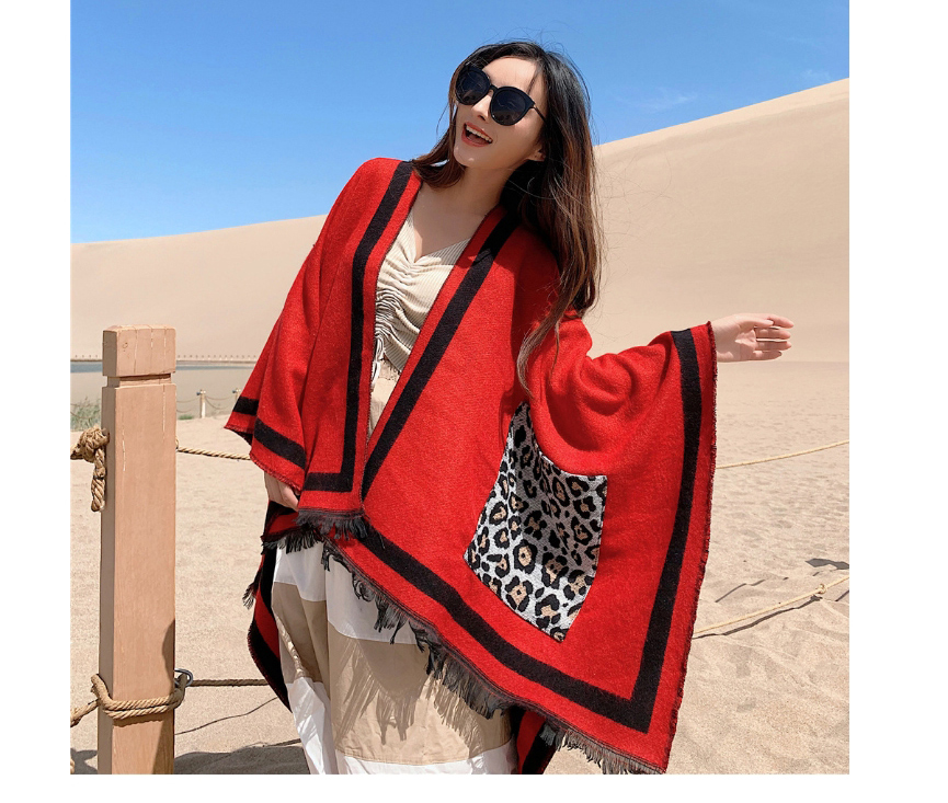 Fashion Wine Red Faux Cashmere Leopard Print Pocket Slit Long Shawl,knitting Wool Scaves