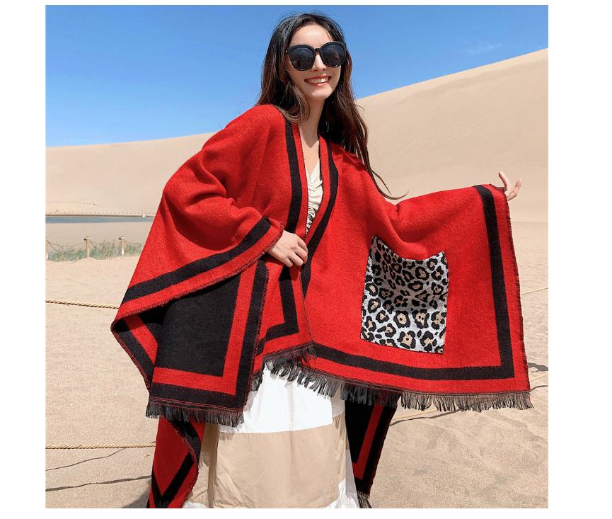Fashion Black. Faux Cashmere Leopard Print Pocket Slit Long Shawl,knitting Wool Scaves