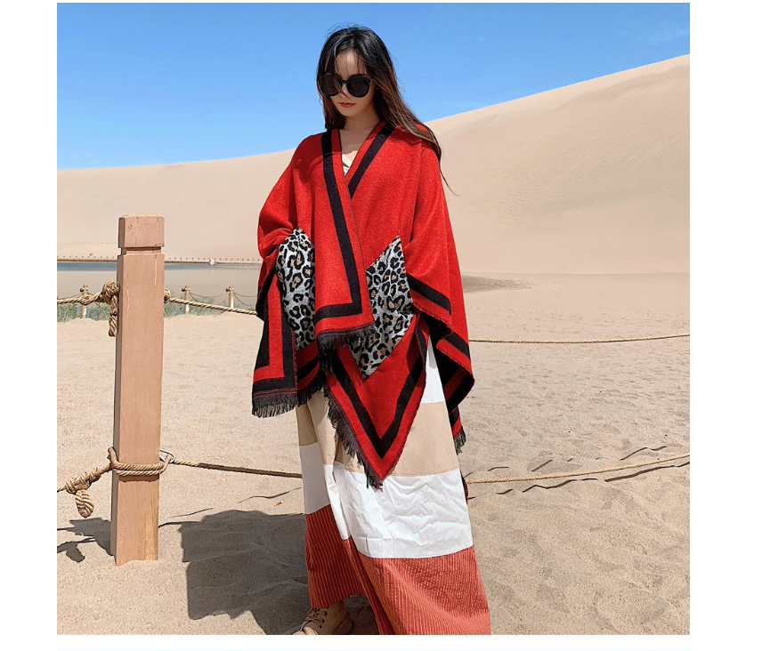 Fashion Khaki Faux Cashmere Leopard Print Pocket Slit Long Shawl,knitting Wool Scaves