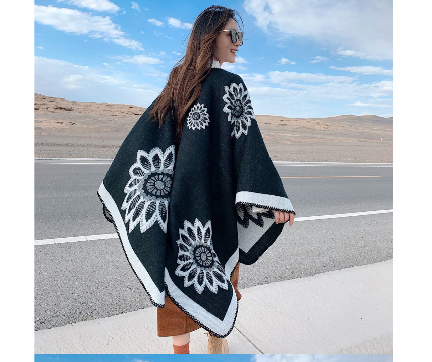 Fashion Black. Faux Cashmere Big Flower Warmth And Thick Split Shawl,knitting Wool Scaves