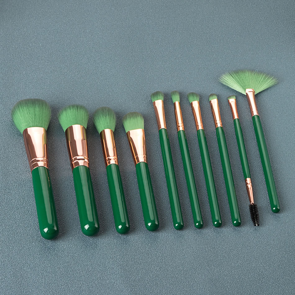 Fashion 10 Imperial Green Wooden Handle Aluminum Tube Nylon Hair Hit Color Makeup Brush Set,Beauty tools