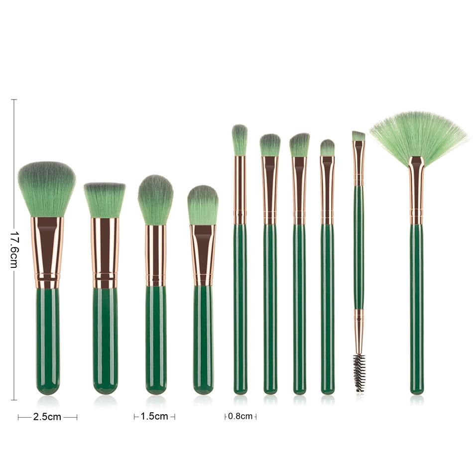 Fashion 10 Imperial Green Wooden Handle Aluminum Tube Nylon Hair Hit Color Makeup Brush Set,Beauty tools