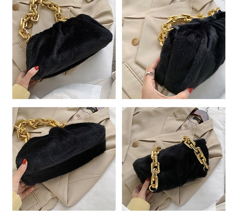 Fashion Black Furry Thick Chain Pleated Shoulder Bag,Messenger bags