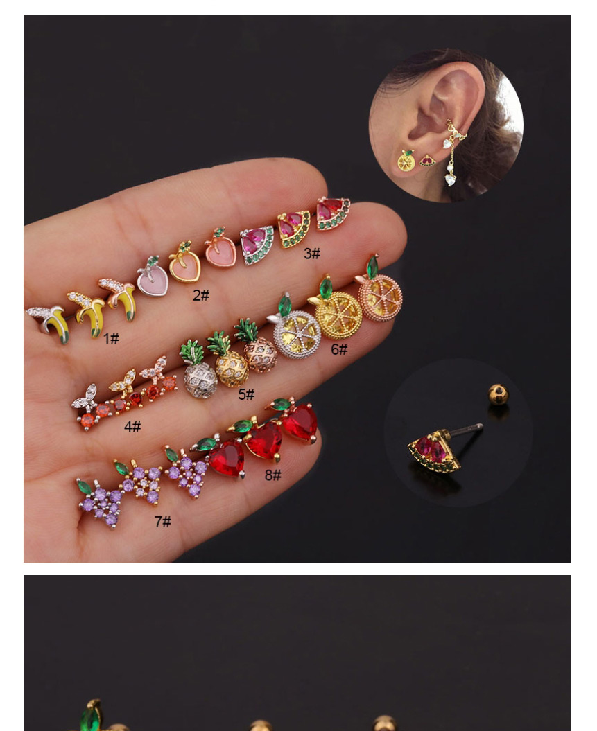 Fashion 6#gold Color Fruit Inlaid Zircon Stainless Steel Thread Geometric Earrings,Earrings