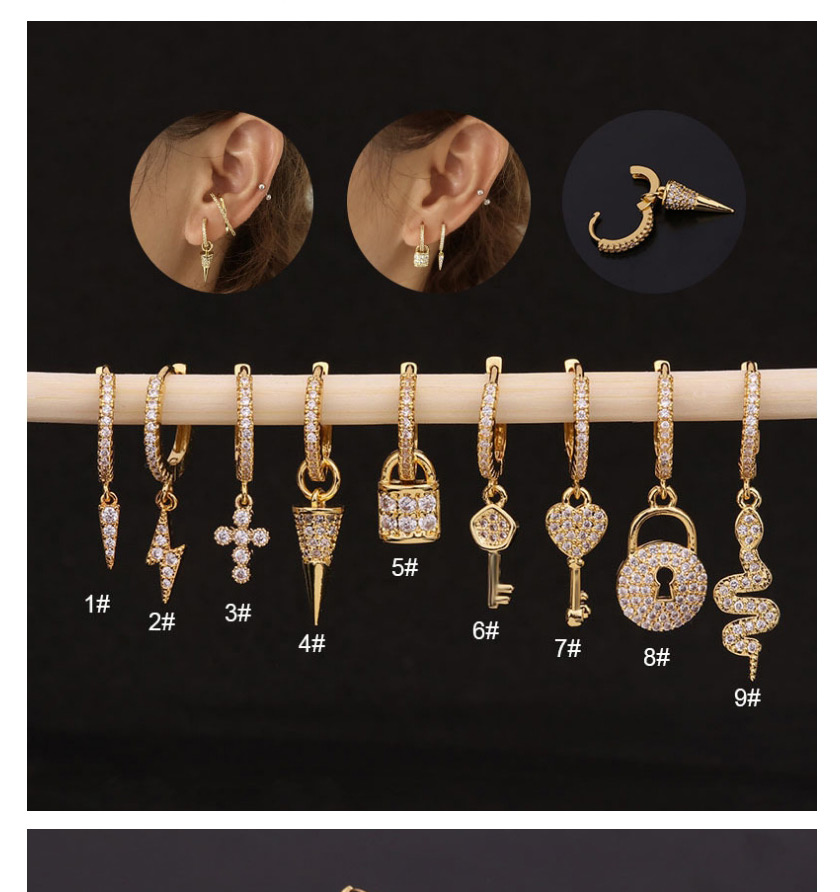 Fashion 7#gold Color Key Serpentine Geometric Inlaid Zircon Stainless Steel Earrings,Earrings