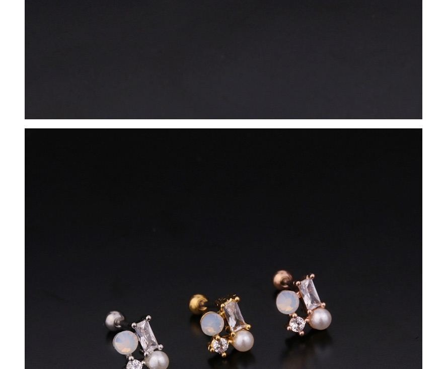 Fashion 7# Rose Gold Color Flower Double Head Screw Stainless Steel Inlaid Zircon Geometric Stud Earrings,Earrings
