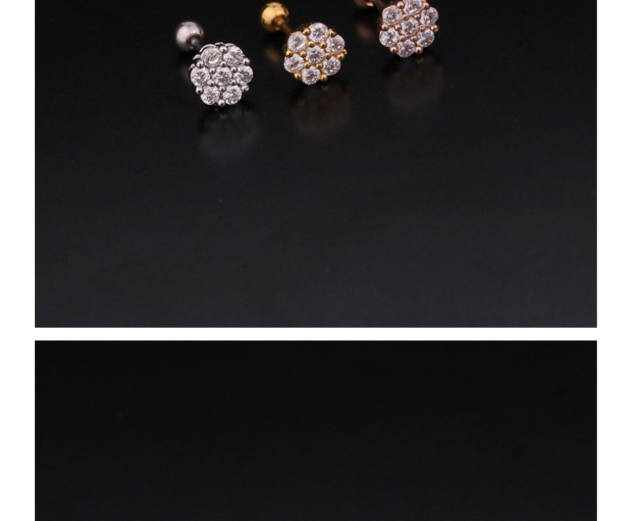 Fashion 6#rose Gold Color Flower Double Head Screw Stainless Steel Inlaid Zircon Geometric Stud Earrings,Earrings