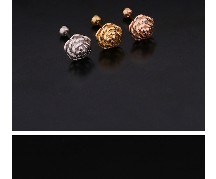 Fashion 3# Rose Gold Color Flower Double Head Screw Stainless Steel Inlaid Zircon Geometric Stud Earrings,Earrings