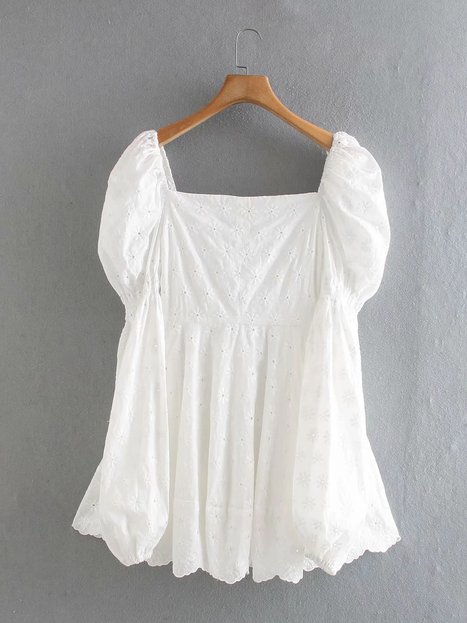 Fashion White Embroidered Square Neck Stitching Puff Sleeve Dress,Long Dress