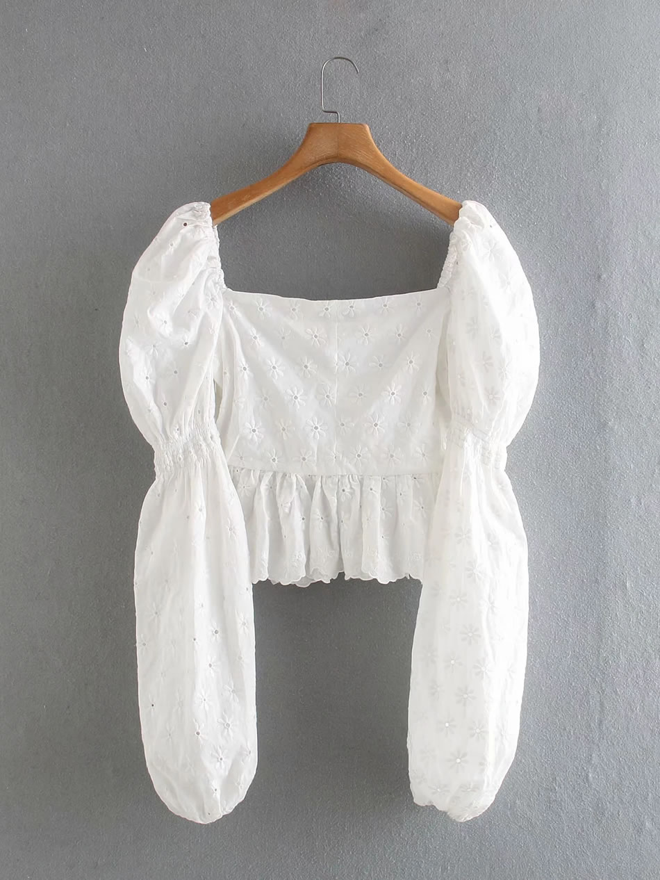 Fashion White Embroidered Square Neck Stitching Puff Sleeve Top,Tank Tops & Camis