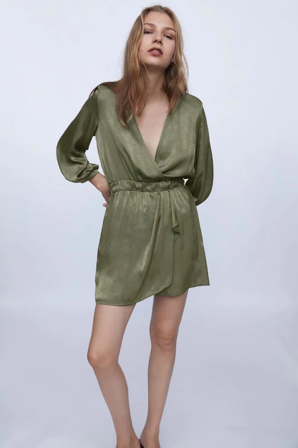 Fashion Green V-neck Waist Solid Color Long Sleeve Dress,Long Dress