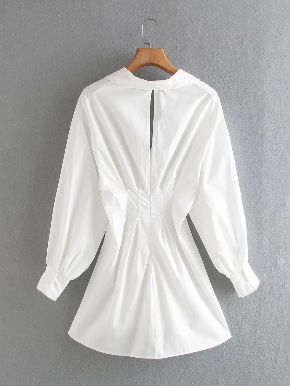 Fashion White Tie-up Solid Color Shirt Dress,Long Dress