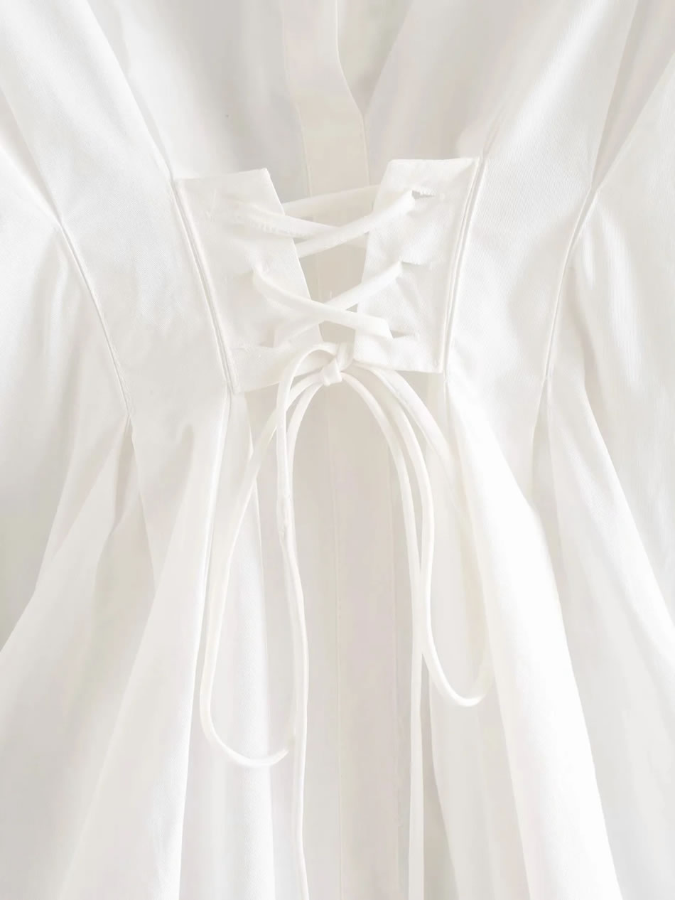 Fashion White Tie-up Solid Color Shirt Dress,Long Dress