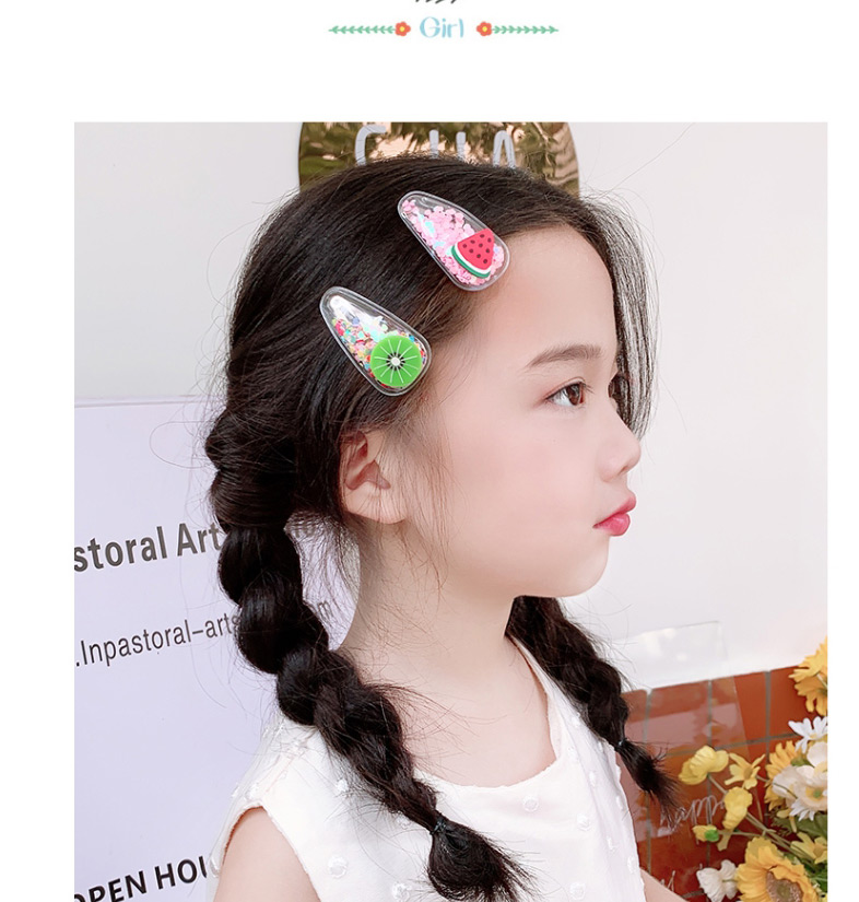 Fashion 9 Pieces Of Red Watermelon Series Quicksand Resin Flower Animal Geometric Shape Childrens Hairpin Set,Kids Accessories