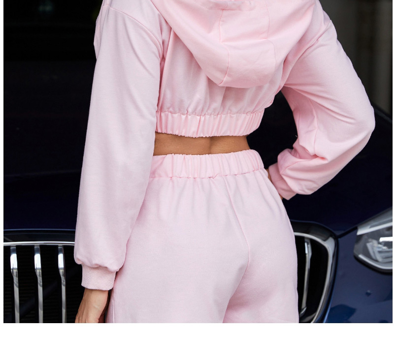 Fashion Pink Hooded Short Long Sleeve Top + High Waist Wide Leg Shorts Set,Suits