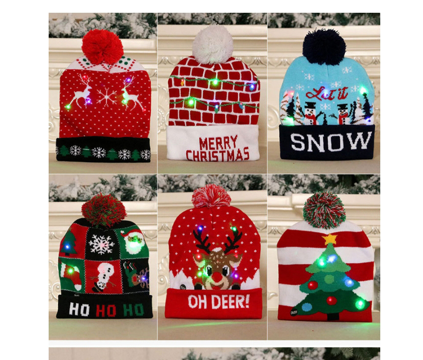 Fashion Snowflake Christmas Tree Stripe Print Childrens Knitted Woolen Christmas Hat With Electricity,Festival & Party Supplies