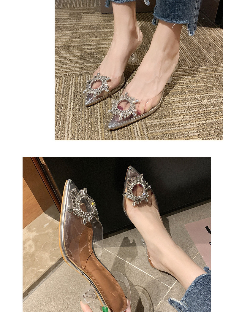 Fashion Silver Color Baotou Transparent Pointed Sun Flower Rhinestone High Heel Sandals,Slippers