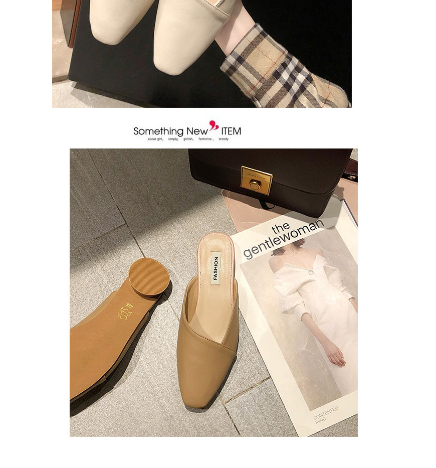 Fashion Creamy-white Pointed Toe Stitching Flat Half-slippers Without Heel,Slippers