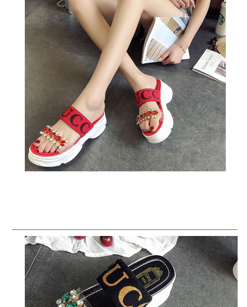 Fashion Red Round-toe Flat-toe Sponge Cake Platform Rhinestone Sandals And Slippers,Slippers