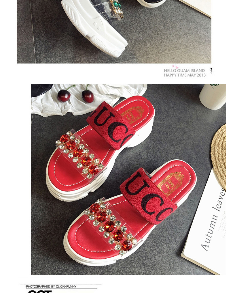 Fashion Red Round-toe Flat-toe Sponge Cake Platform Rhinestone Sandals And Slippers,Slippers