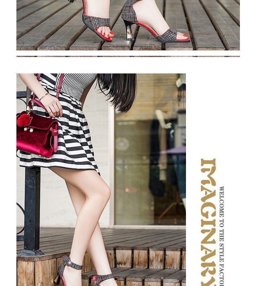 Fashion Black Houndstooth High Heel Square Toe Open Toe Sandals,Slippers