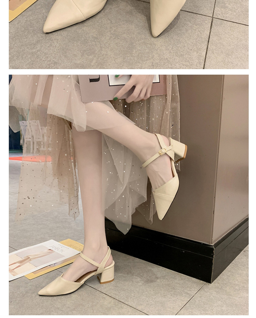 Fashion Creamy-white Pointed Toe Slippers With Thick Heel And A Buckle,Slippers