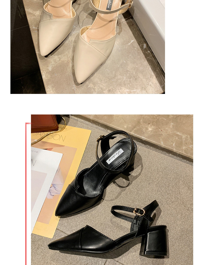 Fashion Black Pointed Toe Slippers With Thick Heel And A Buckle,Slippers